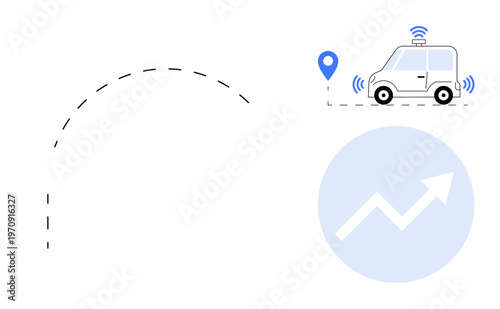 Self-driving technology, smart mobility, location tracking, data-driven growth, navigation systems, innovation. Image of a driverless car, location pin and growth chart. Self-driving technology