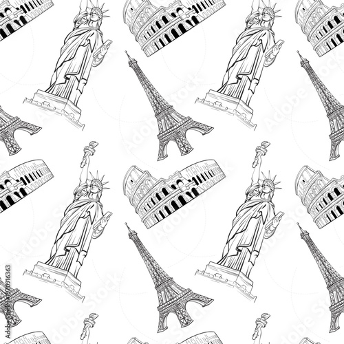 Seamless Travel Pattern Colosseum Eiffel Tower Statue of Liberty Black and White Vector, Landmark Line Art Background