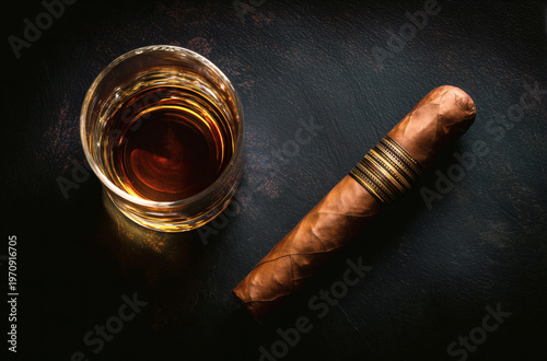 Luxury Still Life with Whiskey Glass and Premium Cigar on Dark Background