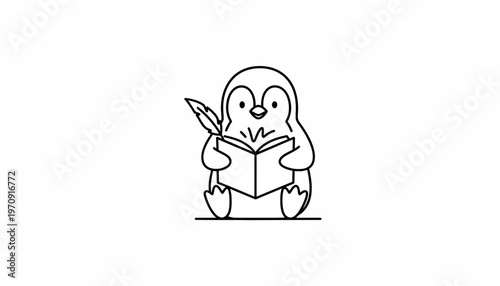 Cute Penguin Reading a Book with a Feather Pen, Cartoon Style
