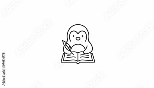 Cute penguin writing in an open book with a feather pen, simple line art illustration