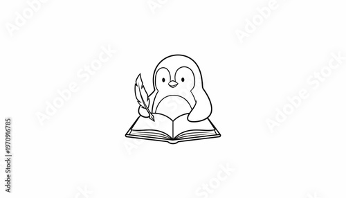 Cute Penguin Reading Book with Feather Pen, Learning, Education, Knowledge Concept