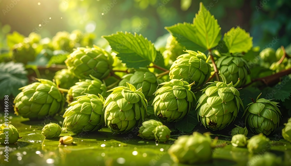 Fototapeta premium A cluster of green hops with leaves and cones on a wet surface