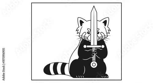 Cute Raccoon Warrior Holding Sword, Cartoon Style, Black and White