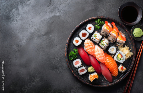 Assorted Sushi Platter with Nigiri and Maki Rolls on Dark Background