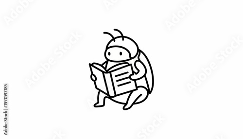 Cute cartoon ladybug reading a book, black and white line art, isolated on white background