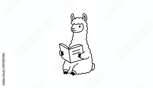 Cute cartoon llama reading a book, isolated on white background.