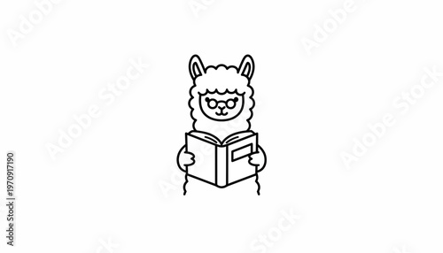 Cute cartoon llama wearing glasses reading a book, isolated on white background.