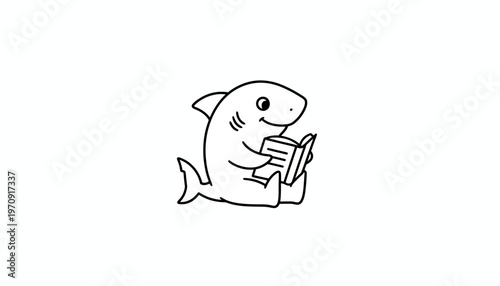 Cute cartoon shark reading a book, isolated on white background
