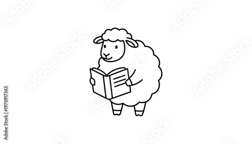 Cute cartoon sheep reading a book, educational concept, isolated on white background