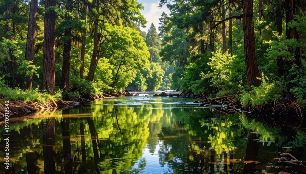 Fototapeta premium Serene forest pond with crystal reflections and lush greenery in golden sunlight