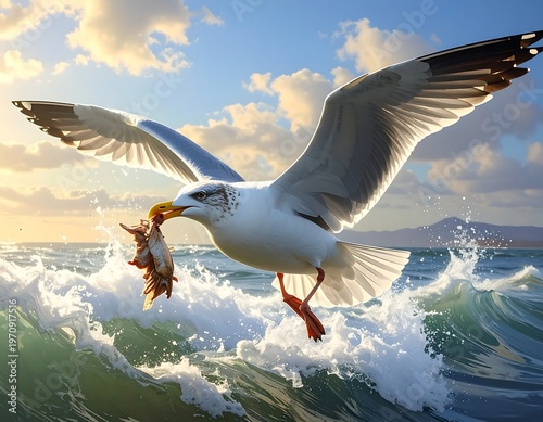 A majestic seabird soars with prey over crashing ocean waves, bathed in golden sunlight and a partly cloudy blue sky