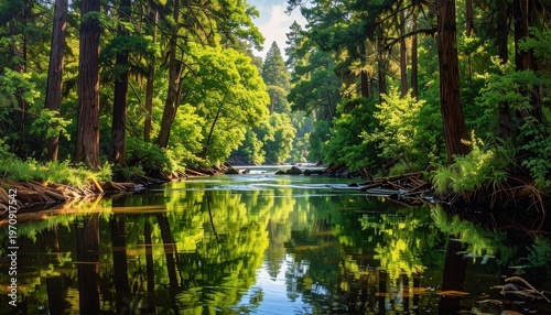 Serene forest pond with crystal reflections and lush greenery in golden sunlight