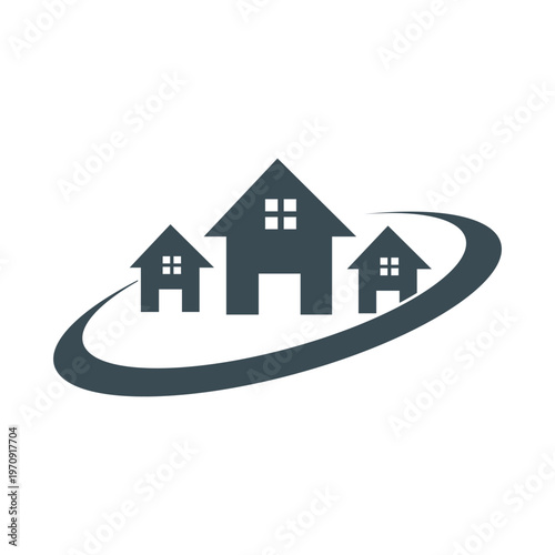 Real estate homes community logo icon with modern minimalist house silhouettes and circular swoosh design