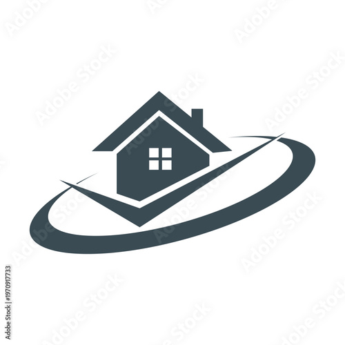 real estate house logo design icon with modern swoosh orbit and minimal home symbol for property business branding