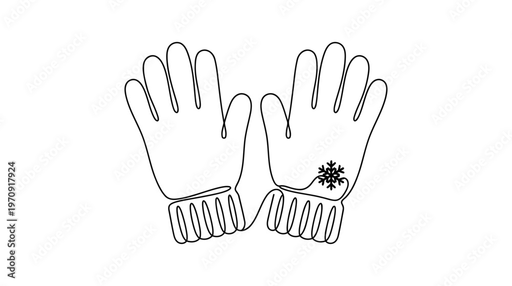 Fototapeta premium Winter Gloves with Snowflake Single Continuous Line Drawing Minimalist Monoline Cold Season Vector Illustration