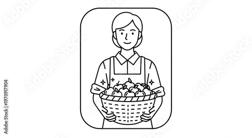 Woman Farmer Holding Basket of Fresh Apples, Healthy Food Concept, Line Art Illustration