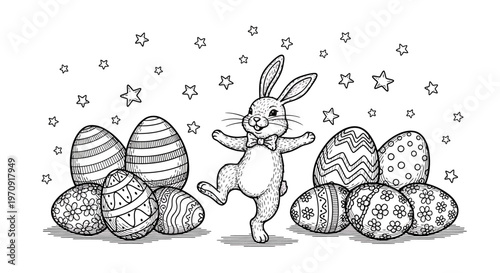 A cheerful Easter bunny dancing with decorated eggs.
