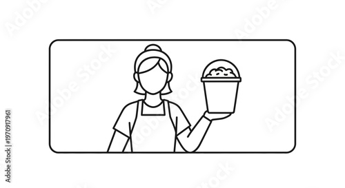 Woman holding a bucket of soil, gardening concept, line art illustration