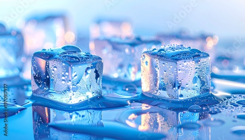 macro shot of melting ice cubes with condensation and cool blue reflections