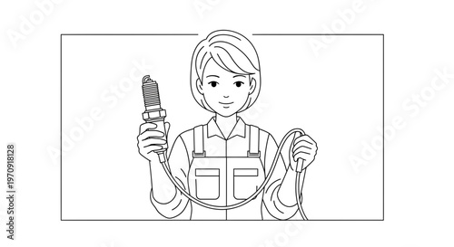 Woman holding spark plug and cable, auto mechanic, car repair, workshop, technician, service