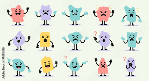 Collection of quirky cartoon characters expressing diverse emotions; happiness, anger, sadness, surprise, and confusion, ideal for graphic design and digital communication