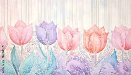pastel tulip batik pattern with soft watercolor stripes and floral elegance
