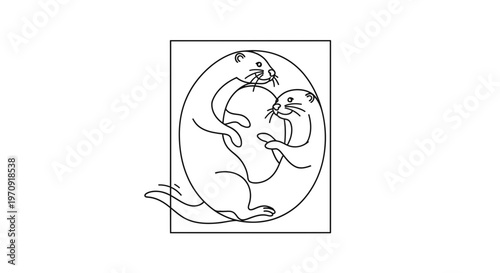 Two Otters Playing Together in a Circle, Cute Animal Illustration