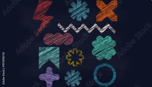 Collection of diverse chalk drawn graphic symbols and abstract shapes including a lightning bolt starbursts zigzags crosses and circles rendered with a playful textured scribbled