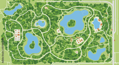 Top-Down View of Green Park Map with Lakes and Paths