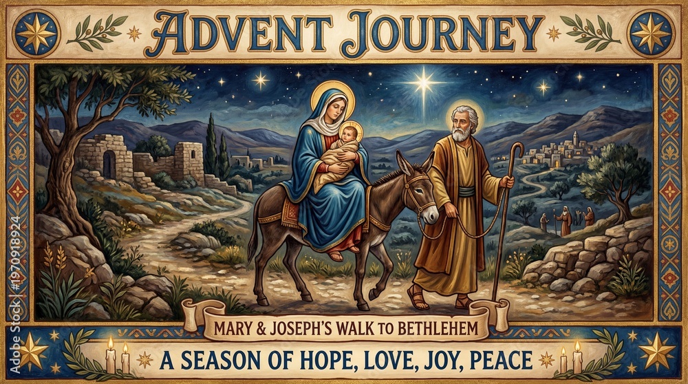 Fototapeta premium Joseph Virgin Mary on a donkey. Christian religious illustration, background, banner.