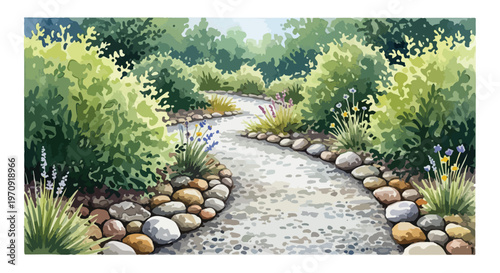 Watercolor Garden Path with Green Bushes and Stones