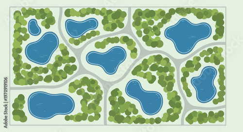 Top-Down View of Green Park with Blue Ponds and Grey Paths Illustration
