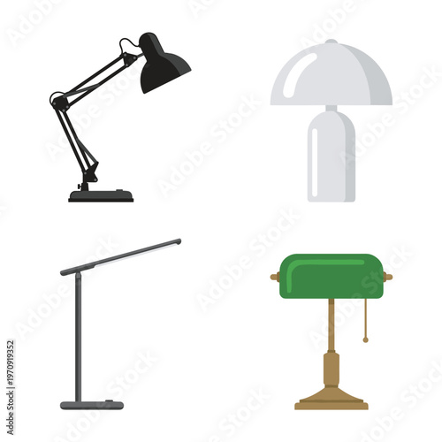 Set of Different Desk Lamp Styles including Architect Swing Arm, Modern Minimalist and Traditional Banker Lamp Vector Design
