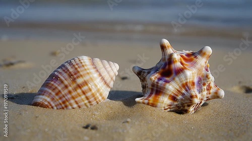 Close-up of two distinct seashells, a spiral bonnet shell and a spiky murex shell, resting on golden sand with a soft blurred background of the ocean shoreline at daytime.