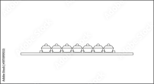 Row of identical cupcakes on a shelf, minimalist line art illustration