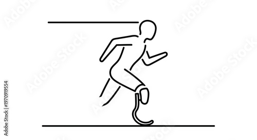 Runner with prosthetic leg in motion, minimalist line art, sports and disability concept