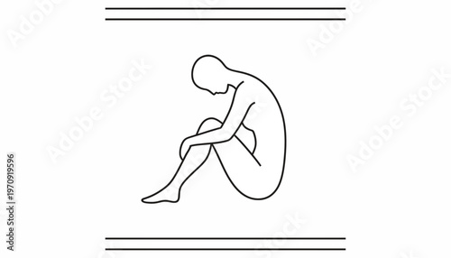 Sad Person Sitting Alone, Head Down, Embracing Knees - Minimalist Line Art
