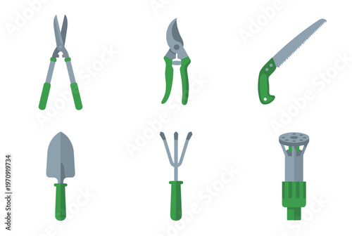 Professional Gardening Tools Collection featuring Pruning Shears, Hand Saw, Trowel and Sprinkler Head Vector Symbols