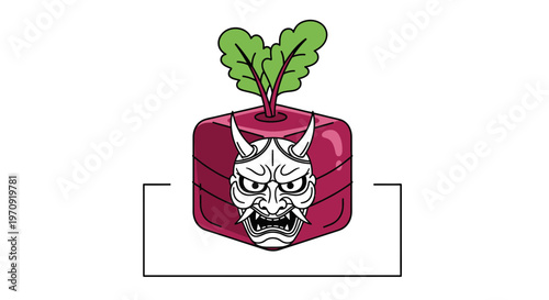 Scary Oni Mask on a Cube-Shaped Beetroot with Green Leaves, Graphic Design