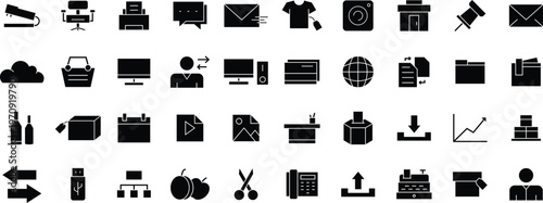 Business and Office Essential solid Icon Set – Tech, Stationery, Technology, Retail, and Marketing solid elements