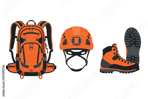 Outdoor Hiking and Trekking Gear Set with Backpack, Safety Helmet and Professional Mountain Boots Vector Illustration