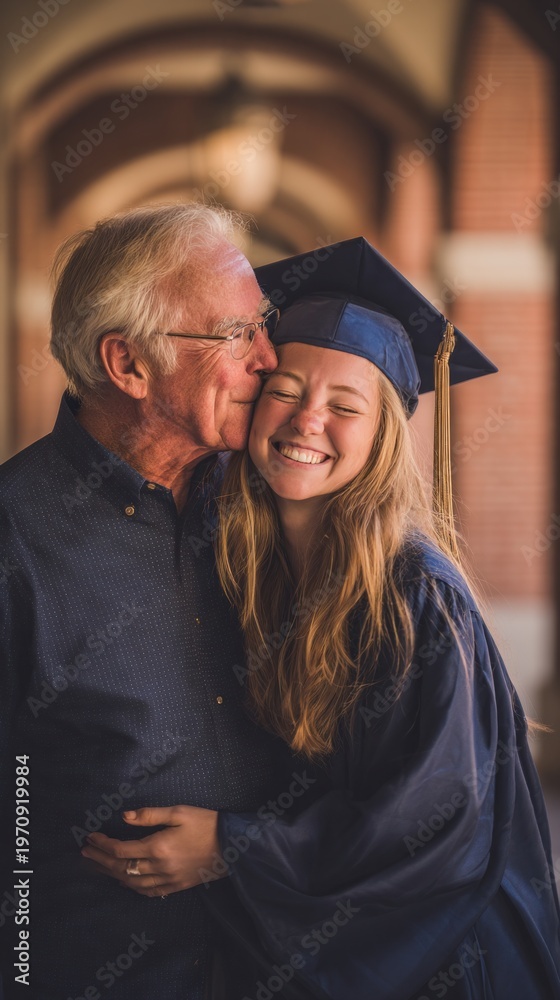 Fototapeta premium Graduate in deep navy gown embraces parent in a warm moment of celebration, showcasing joy and pride in a beautiful outdoor setting