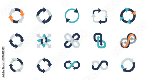 Collection of Refresh, Cycle, Loop, and Infinity Arrow Icons in Blue, Orange, and Grey