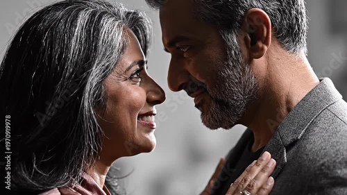 Close-up profile of a mature South Asian couple looking into each other's eyes with affection, the woman with grey hair smiling while placing a hand on the man's chest in a romantic moment.