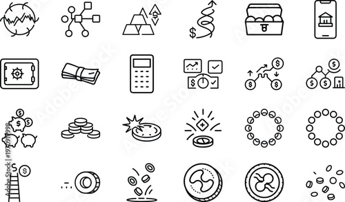 Black linear finance symbols including safe money calculator piggy bank coin stack and financial charts.