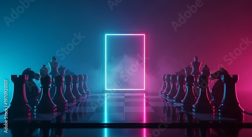 A chessboard with pieces set up for a game in a neon-lit room with a glowing rectangle