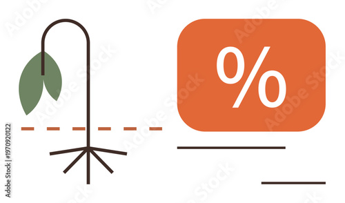 Economic downturn, market trends, interest rates, financial loss, sustainability, crisis. Drooping plant beside percentage symbol. Economic downturn and market trends concept