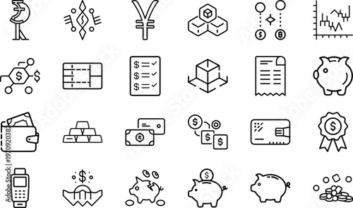 Financial management collection featuring piggy banks gold bars currency symbols and data visualization art.