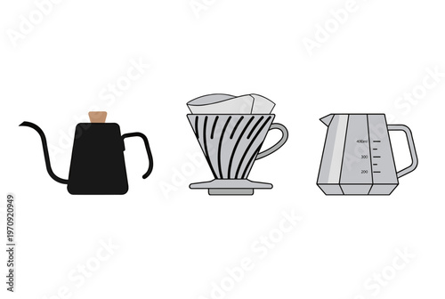 Professional Coffee Drip Brewing Equipment including Gooseneck Kettle, Ceramic Dripper and Glass Server Vector Set
